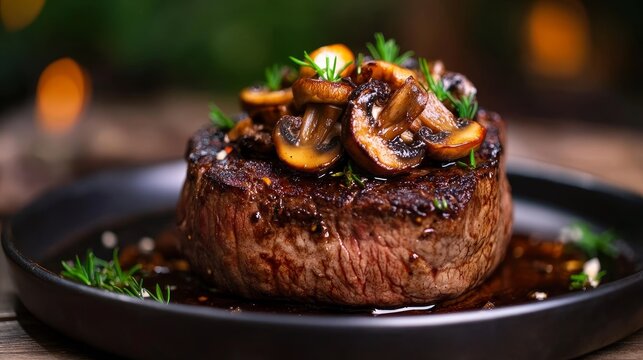 A mouthwatering steak topped with sauteed mushrooms, perfect for a special occasion or a satisfying weeknight meal. This image captures the essence of a flavorful and elegant dish that is sure to impr