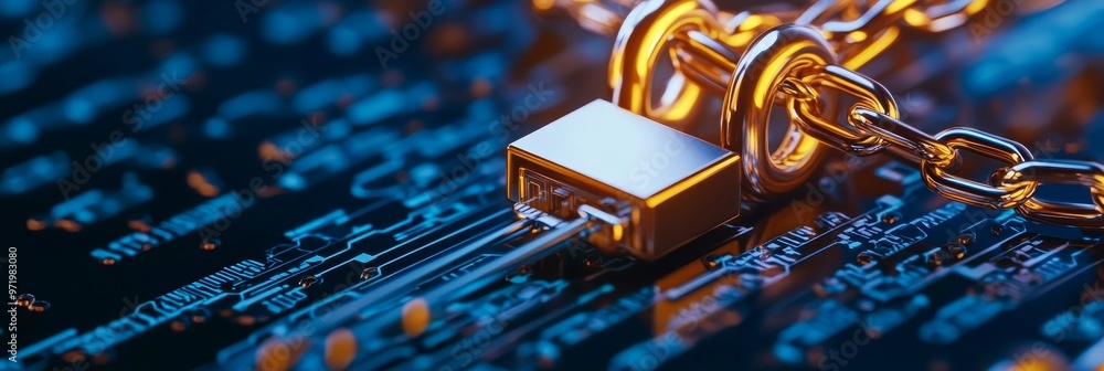 Aufkleber a padlock and chain lie on a circuit board, symbolizing the importance of cybersecurity in the digit
