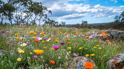 A field of colorful wildflowers in bloom, set against the backdrop of Australian bushland and rocky terrain  © aun