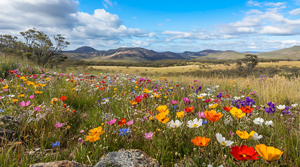 A field of colorful wildflowers in bloom, set against the backdrop of Australian bushland and rocky terrain 