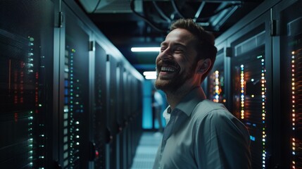 Fototapeta premium Man working in server room, updating system and installing program developer generative ai