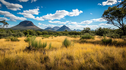 A wide shot of an Australian savanna, featuring native grasses and shrubs with a mountain range in the distance 