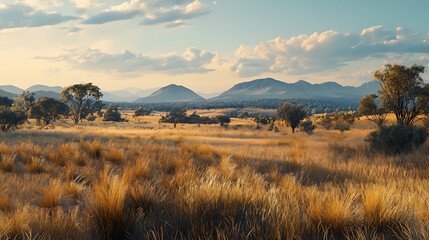 A wide shot of an Australian savanna, featuring native grasses and shrubs with a mountain range in the distance 