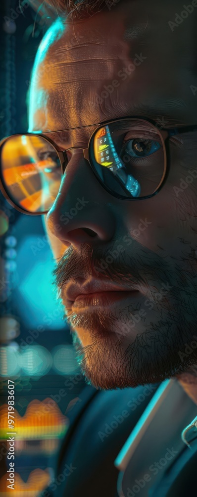 Poster close-up of a focused man wearing glasses, reflecting computer screens, analyzing data in a hi-tech 