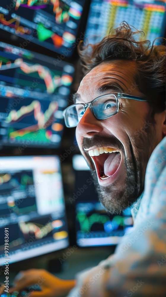 Poster excited stock trader celebrating success in front of multiple computer screens showing market data a