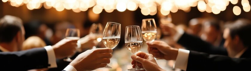 A ballroom filled with formally dressed business professionals toasting to their company's success under soft lighting, ballroom toast, formal success event