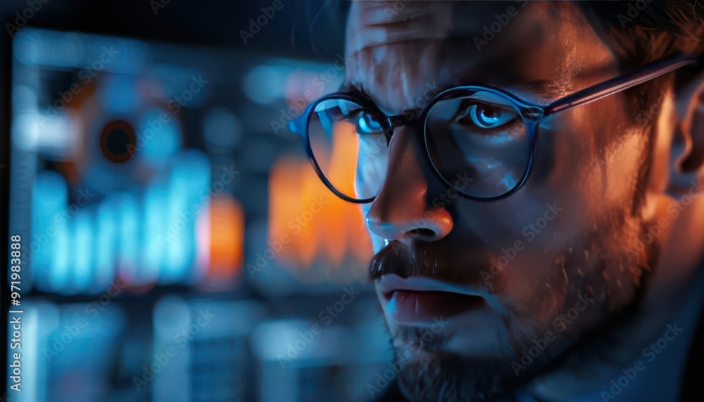 Poster focused man wearing glasses analyzing data on a computer screen with colorful charts in a dark room,