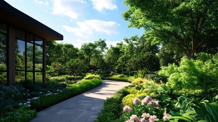 Fototapeta premium A picturesque walkway winds through lush greenery, connecting a modern building to a vibrant outdoor space. The scene embodies the harmonious blend of architecture and nature, highlighting a sense of 