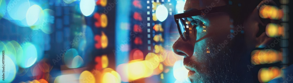 Poster close-up of a person in glasses working with multi-colored data on a screen, emphasizing technology 