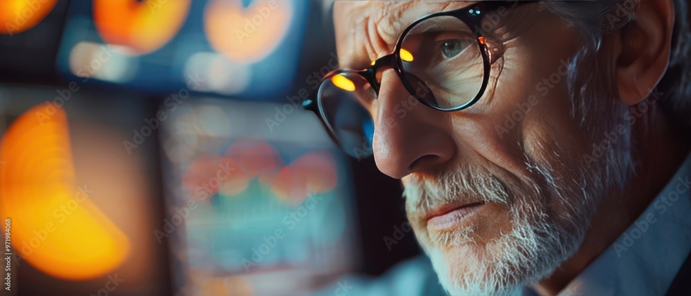 Aufkleber elderly man with glasses focused on data analysis on multiple computer screens, demonstrating concen