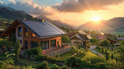 Obraz premium Create a high-resolution scene of a solar panel installation on a new, energy-efficient home in a vibrant community