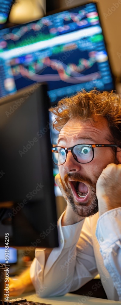 Poster shocked man with glasses looking at computer screen in front of stock market charts. intense reactio