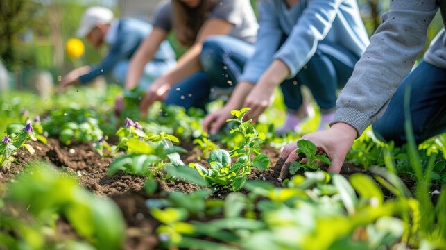 Create an illustration of a community garden project with volunteers planting a variety of plants in a scenic outdoor space