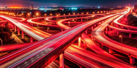 Infrastructure networks depicted as red light highways in a time lapse, technology, transportation, urban, cityscape, network
