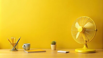 Yellow table with office supplies and a fan, yellow, table, notebooks, pens, stapler, fan, workspace, desktop, organized