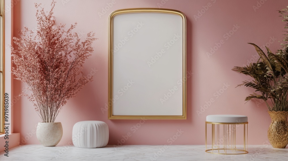 Poster golden vertical frame an white clou isolate on beige backgroun modern minimal art gallery concept