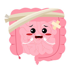 Sick intestines organ cartoon character with medical patch. Unhealthy sad intestine. Stomach gut and digestive system health or gastroenterology disease, intestine indigestion or diarrhea.