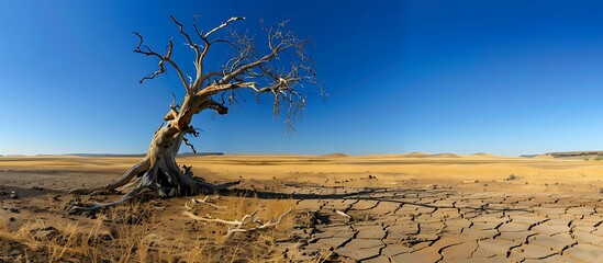 Obraz premium A dry cracked ground with blue sky and clouds tree.