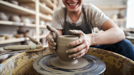 A smiling potter shaping a clay bowl on a spinning pottery wheel in a creative studio, hands covered in wet clay