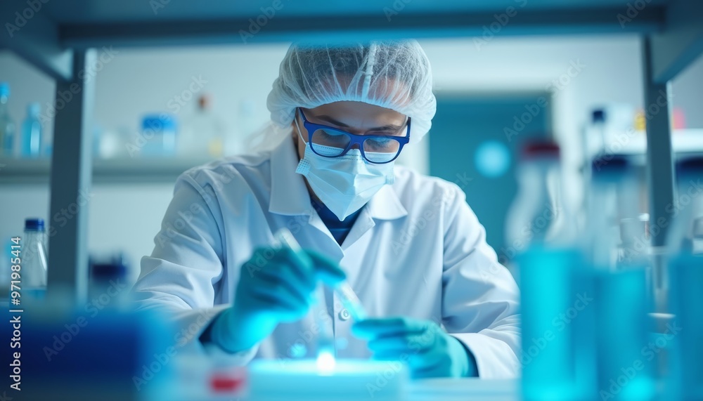 Poster focused scientist in lab meticulously analyzing samples