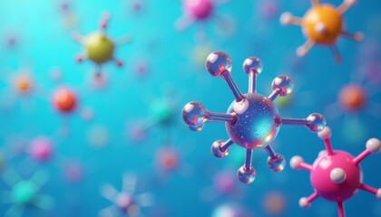  Vibrant 3D molecular model against a blue backdrop