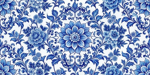 Blue porcelain seamless flowers pattern, blue, porcelain, seamless, flowers, pattern, elegant, intricate, detailed
