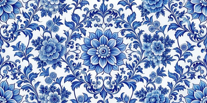 Blue porcelain seamless flowers pattern, blue, porcelain, seamless, flowers, pattern, elegant, intricate, detailed