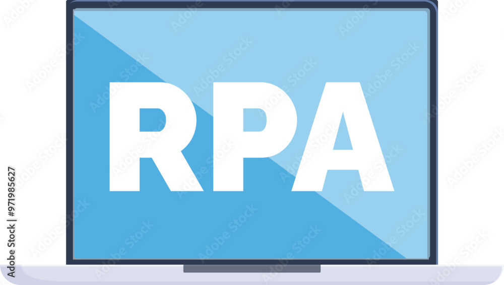 Poster laptop showing rpa robotic process automation software on screen, concept of business process workfl