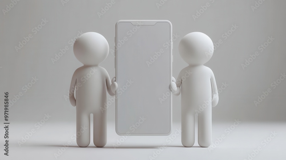 Poster human han holds abstract mobile device in vertical position with white screen smart phone blank mock