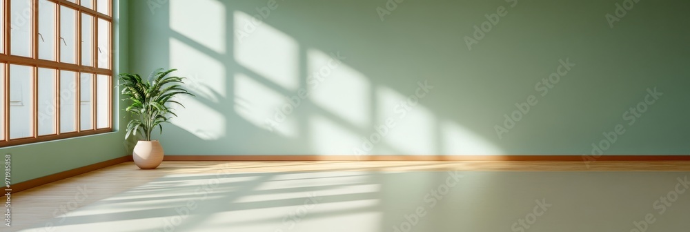 Poster a serene and minimalist yoga studio with natural light streaming through a large window, creating a 