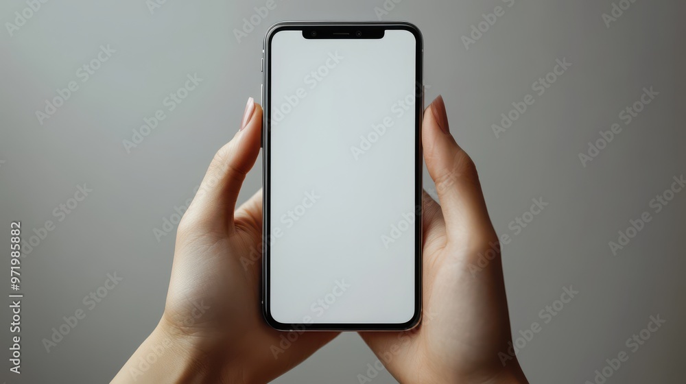 Poster human han holds abstract mobile device in vertical position with white screen smart phone blank mock