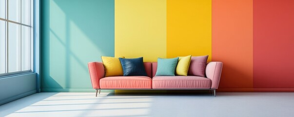A vibrant living room featuring a colorful couch against a bold striped wall, perfect for modern interior design inspiration.