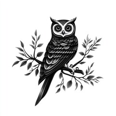 A beautifully illustrated owl perched on a branch, showcasing intricate details and a graceful posture in monochrome.