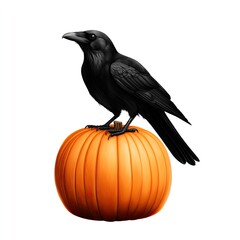Fototapeta premium A black raven perched atop a bright orange pumpkin, symbolizing autumn and Halloween themes in a striking graphic design.