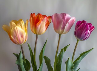 Fototapeta premium A group of colorful tulips flower leaf