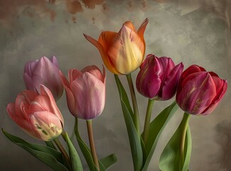 A group of colorful tulips flower leaf