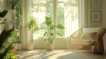Sustainable Minimalist Living Space with Eco-Friendly Furniture, Houseplants, and Natural Lighting