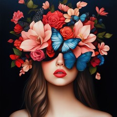 Naklejka premium A captivating portrait of a woman adorned with a vibrant floral headdress and butterflies, symbolizing beauty and nature.