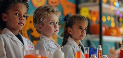 Diverse group of children wearing lab coats, conducting a science experiment in a colorful classroom, focusing on scientific research.