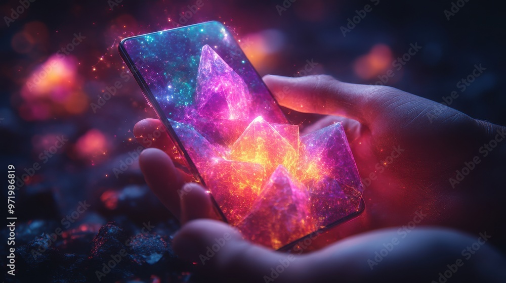 Poster illustration of hands holding mobile phone device levitating abstract geometric objects with colorfu