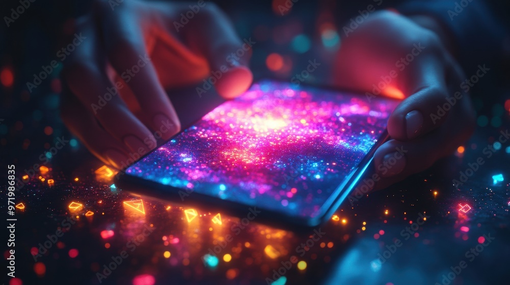 Poster illustration of hands holding mobile phone device levitating abstract geometric objects with colorfu