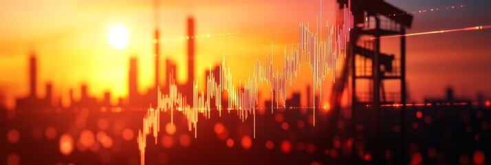 A silhouette of an oil rig set against a fiery sunset, symbolizing the volatility and dynamism of commodity prices, with a superimposed chart illustrating price fluctuations and the influence of globa