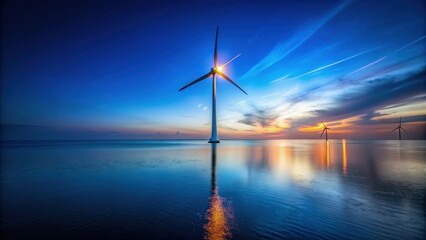 Offshore windmill illuminated by night with calm sea , renewable energy, power generation