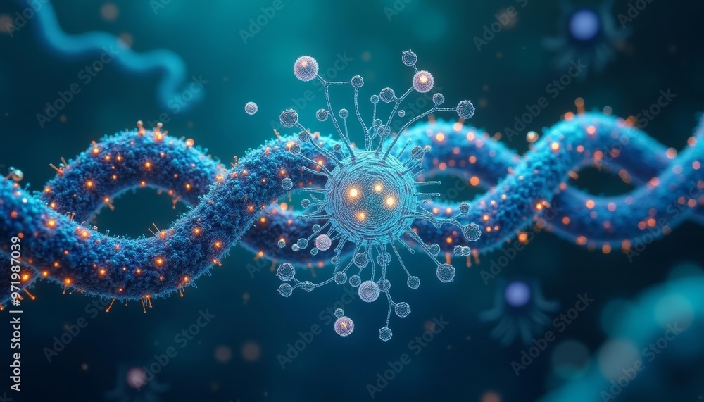 Poster illuminated rna structure with glowing virus particles