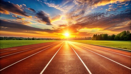 Naklejka premium Chasing dreams on an empty endless running track at sunset , sunset, running, track, dreams, chasing