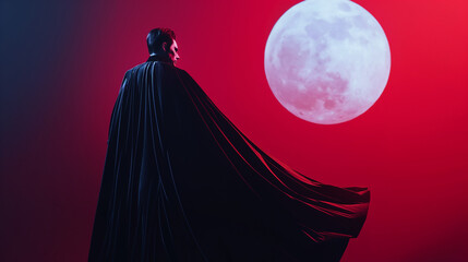 Naklejka premium Vampire Elegance, a sophisticated vampire costume with a long velvet cape, fangs, and a glowing moonlit background, Halloween, with copy space