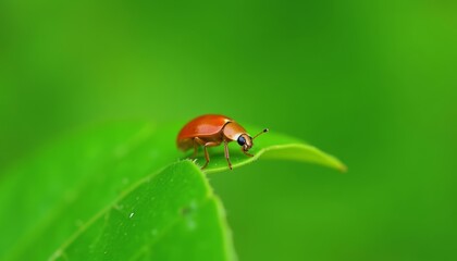 Fototapeta premium A tiny red beetle on a green leaf