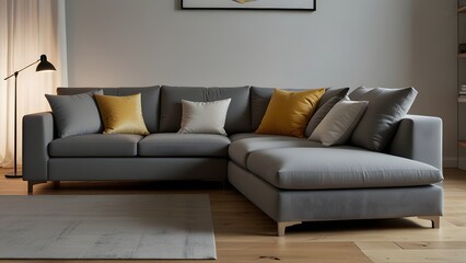 grey L-shaped sofa against a bright white backdrop, surrounded by light wood flooring in a modern