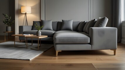 grey L-shaped sofa against a bright white backdrop, surrounded by light wood flooring in a modern