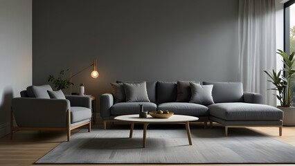 grey L-shaped sofa against a bright white backdrop, surrounded by light wood flooring in a modern